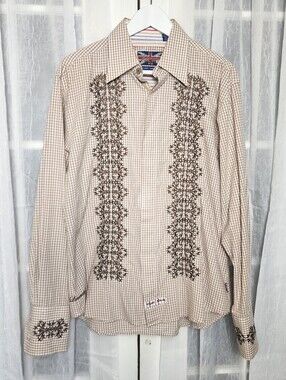 English Laundry Mens M Brown White Checkered Embroidered Rockabilly Cowboy Shirt
